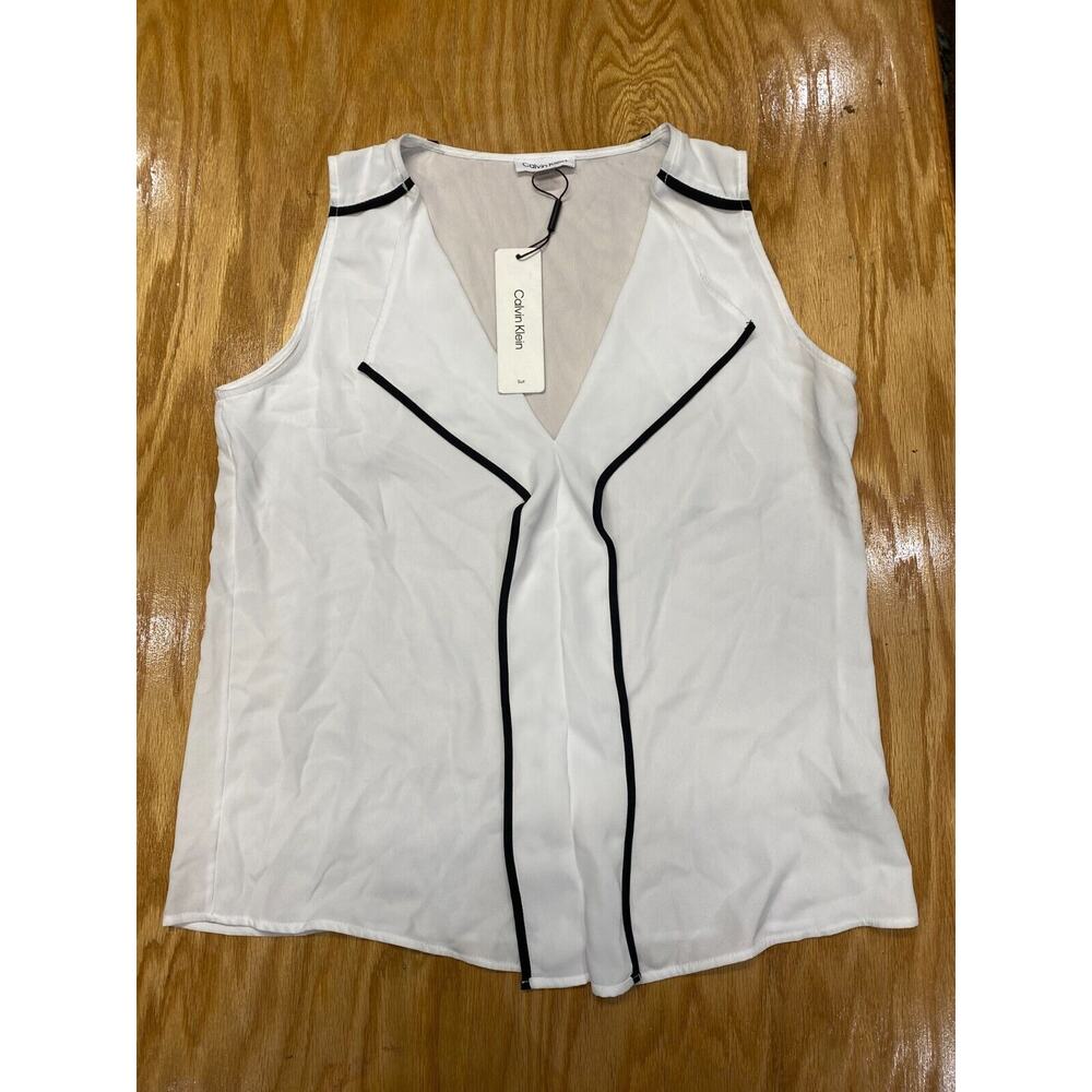 Calvin Klein Blouse Top Womens Large White Sleeveless V-Neck Piped-Trim Top B61